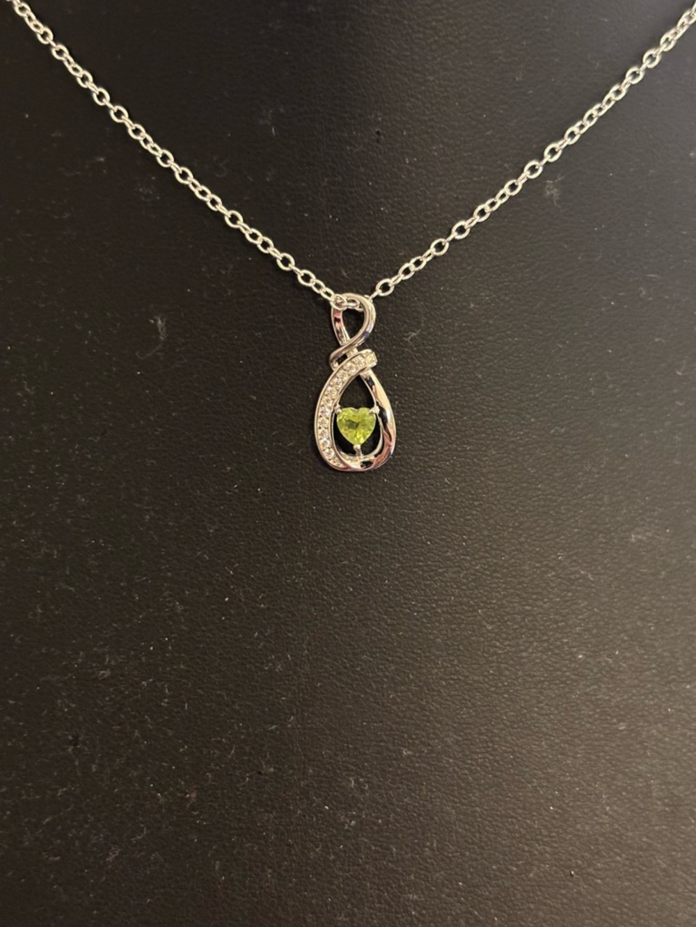 Silver Teardrop Necklace with Green Heart Accent